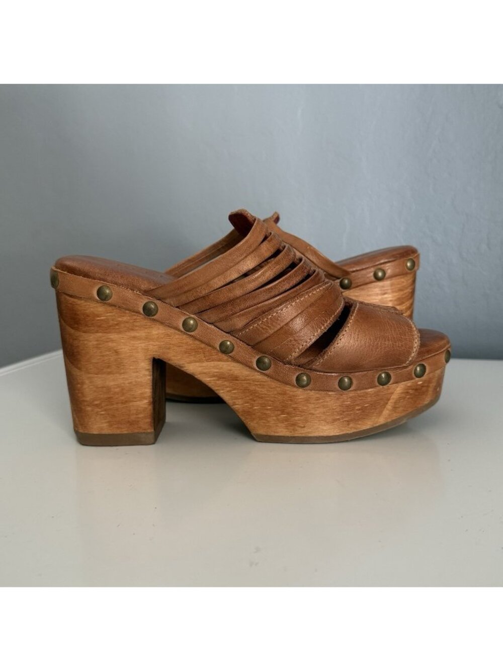 Bed|Stu Shantel Leather Platform Heel Clog Sandals Rustic Tan NWOB